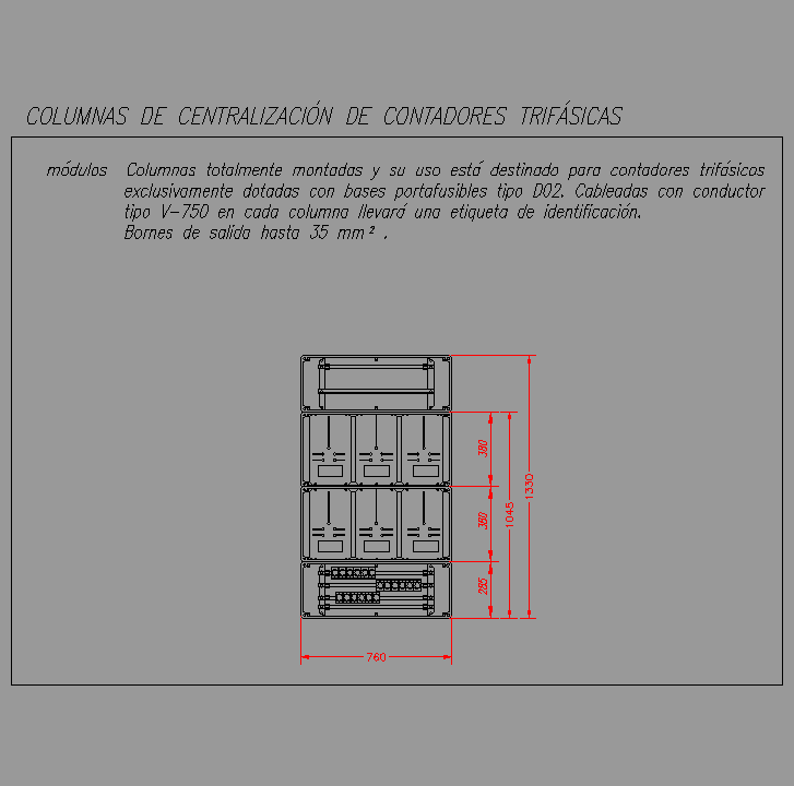 Bloque Autocad Columna de centralización (3 cont./mód.), 2 módulos III + N.